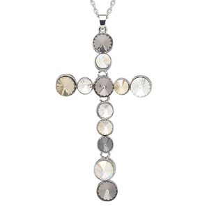 Necklace, glass with silver-plated steel and "pewter" (zinc-based alloy), multicolored, 3-1/2 x 2-inch cross, 29 inches with 2-inch extender chain and lobster claw clasp. Sold individually.