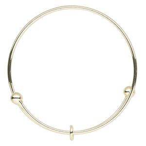 Bracelet, bangle, gold-finished steel, 2mm wide with 6mm ball and 8mm soldered jumpring, adjustable from 7-1/2 to 8 inches. Sold individually.