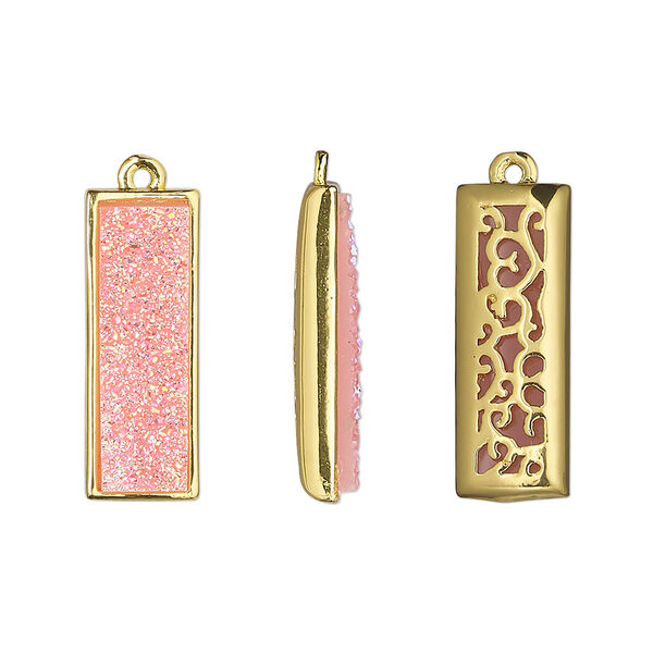 Drop, Druzylite™, "druzy" (resin) and gold-finished brass, pink, 21x8mm two-sided rectangle with open filigree back. Sold per pkg of 4. image number 0