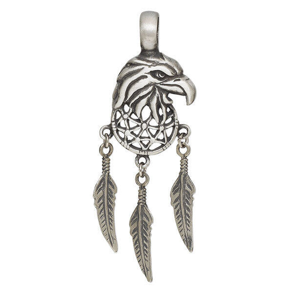 Pendant, Powerful Pewter Pendants, pewter (tin-based alloy), 67x23mm single-sided eagle head with three dangling feathers. Sold individually. image number 0