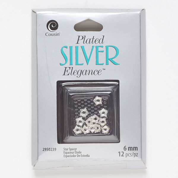 Bead cap, lacquer and silver-plated brass, 5.5x2.5mm beaded star, fits 6-8mm round beads. Sold per pkg of 12. image number 0
