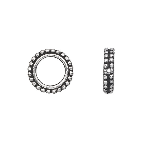 Bead frame, TierraCast®, antique silver-plated pewter (tin-based alloy), 14x3mm beaded flat round, fits up to 8mm bead. Sold per pkg of 20. image number 0
