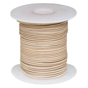 Cord, leather, natural, 0.5-0.8mm round. Sold per 25-yard spool.