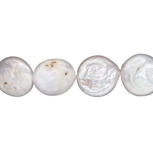 Pearl, cultured freshwater (bleached), white, 10-12mm flat round, C- grade, Mohs hardness 2-1/2 to 4. Sold per 8-inch strand, approximately 15-20 beads. image number 0
