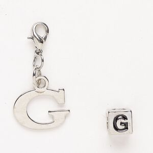 Charm and bead 1pkg2 antiqued silver-finished "pewter" (zinc-based alloy) / steel / enamel, black, 16x12mm "G" with lobster claw clasp and 7mm cube with "G".