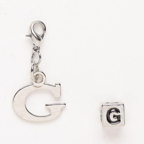 Charm and bead 1pkg2 antiqued silver-finished "pewter" (zinc-based alloy) / steel / enamel, black, 16x12mm "G" with lobster claw clasp and 7mm cube with "G". image number 0
