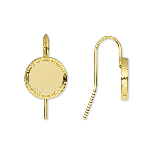 Ear wire, Almost Instant Jewelry®, gold-finished brass, 19mm fishhook with 10mm round glue-in setting, 18 gauge. Sold per pkg of 5 pairs. image number 0