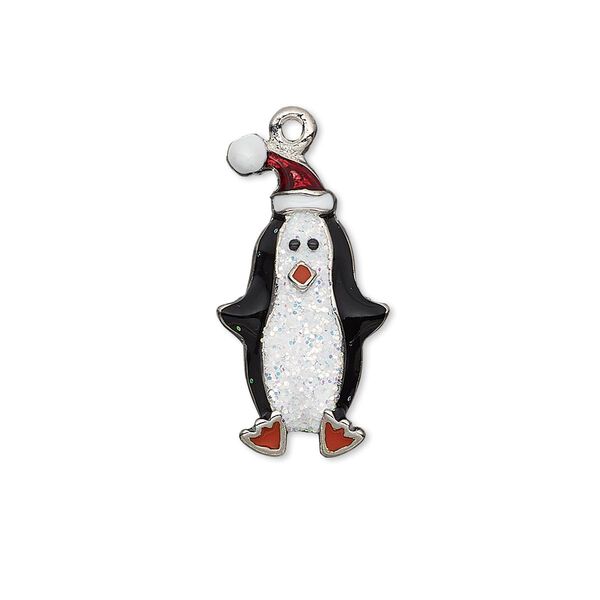 Charm, enamel and imitation rhodium-plated "pewter" (zinc-based alloy), black / white / red with glitter, 24x13mm single-sided penguin with hat. Sold individually. image number 0