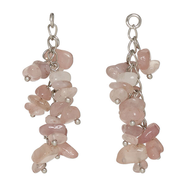 Focal, rose quartz (dyed) and silver-finished steel, 48x14mm cluster with 5mm open jump ring, Mohs hardness 7. Sold per pkg of 2. image number 0