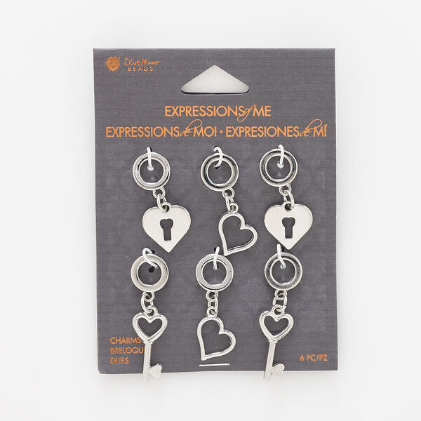 Focal mix, silver-finished "pewter" (zinc-based alloy) and steel, (2) 32x11mm open falling heart / (2) 31x14mm heart lock / (2) 38x10mm heart key with 6.5mm hole. Sold per pkg of 6. image number 0