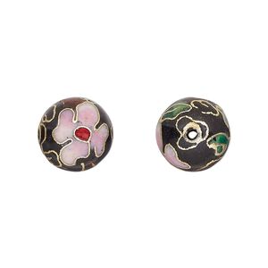 Bead, cloisonné, enamel and gold-finished copper, black / pink / red, 12mm round with flower design. Sold per pkg of 10.