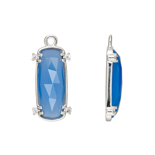 Drop, blue chalcedony (dyed) / cubic zirconia / sterling silver, clear, 21x11mm hand-cut single-sided faceted oval, Mohs hardness 6-1/2 to 7. Sold individually. image number 0
