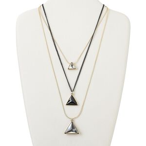 Necklace, 3-strand, gold-finished "pewter" (zinc-based alloy) and brass / steel / glass, black and clear, 17x15mm-28x24mm graduated faceted triangle, 25 inches with 3-inch extender chain and lobster claw clasp. Sold individually.