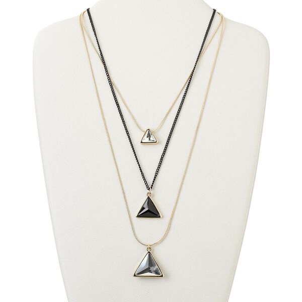 Necklace, 3-strand, gold-finished "pewter" (zinc-based alloy) and brass / steel / glass, black and clear, 17x15mm-28x24mm graduated faceted triangle, 25 inches with 3-inch extender chain and lobster claw clasp. Sold individually. image number 0
