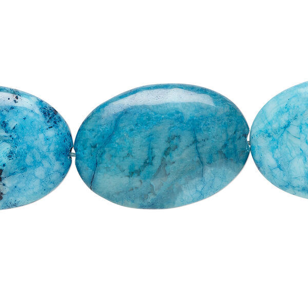 Bead, crazy lace agate (dyed), blue, 35x25mm oval, B grade, Mohs hardness 6-1/2 to 7. Sold per 8-inch strand. image number 0