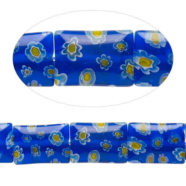 Bead, millefiori glass, translucent cobalt blue and multicolored, 14x10mm puffed rectangle. Sold per 15-inch strand, approximately 25 beads. image number 0