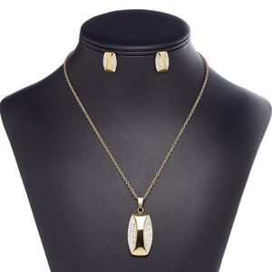 Necklace and earring set, epoxy / glass rhinestone / gold-finished stainless steel, white and clear, 35x19mm rectangle, 18-inch necklace with lobster claw clasp, 18mm earrings with post. Sold per set.