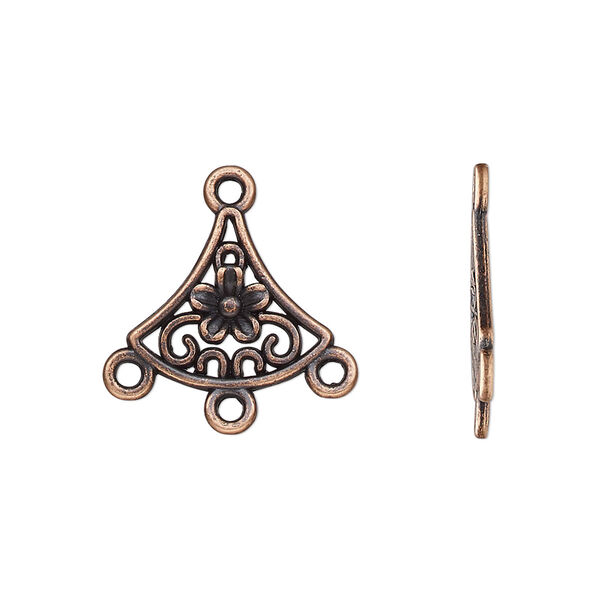 Drop, antique copper-finished "pewter" (zinc-based alloy), 15x14mm single-sided fan with flower and 3 closed loops. Sold per pkg of 20. image number 0