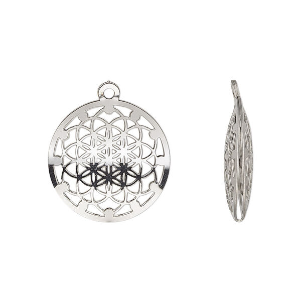 Drop, stainless steel, 18mm double-sided domed round with textured cut-out kaleidoscope design. Sold per pkg of 6. image number 0