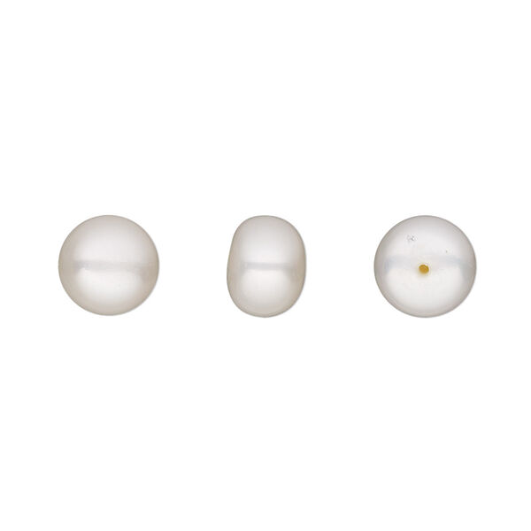 Pearl, cultured freshwater (bleached), white, 8-9mm half-drilled button, B grade, Mohs hardness 2-1/2 to 4. Sold per pkg of 2. image number 0