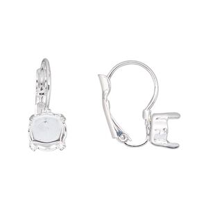 Ear wire leverback 1pkg2 silver-plated, 18mm / SS39 rivoli or chaton 4-prong setting, brass 1 pair