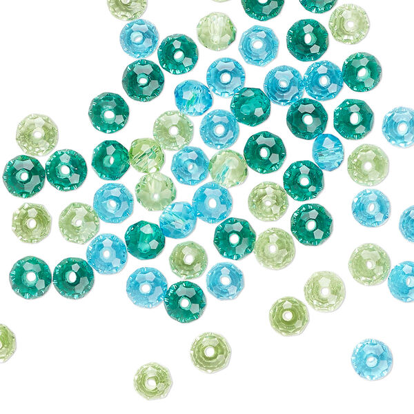 Bead mix, glass, translucent aqua / teal / pale green, 4x3mm faceted rondelle. Sold per pkg of 66. image number 0