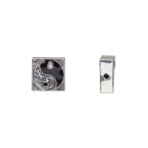 Bead, antiqued sterling silver / cubic zirconia / enamel, black and clear, 10mm square with yin-yang design. Sold individually. image number 0