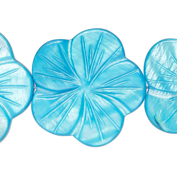 Bead, mother-of-pearl shell (dyed), dark aqua blue, 29x28mm-31x30mm carved flat flower, 0.6-0.8mm hole, Mohs hardness 3-1/2. Sold per 15-inch strand. image number 0