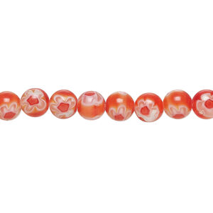 Bead, millefiori glass 1pkg1, translucent red / white / orange, 6mm round, 15 inches.