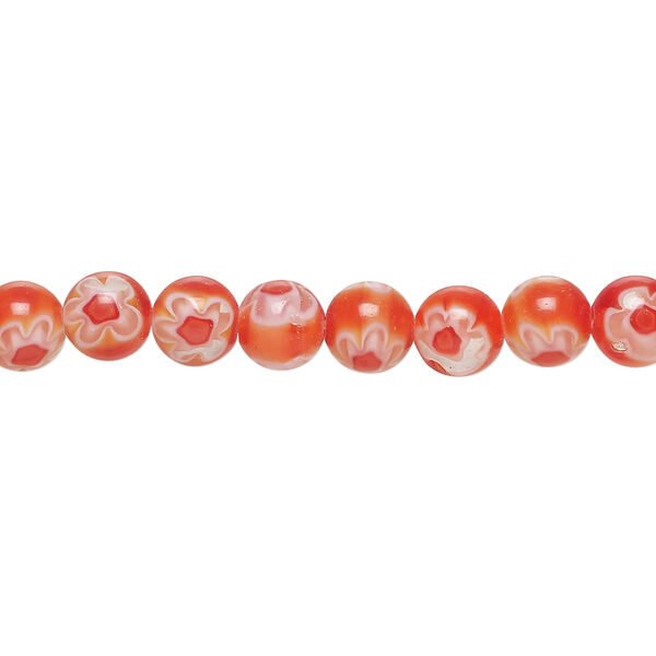 Bead, millefiori glass 1pkg1, translucent red / white / orange, 6mm round, 15 inches. image number 0