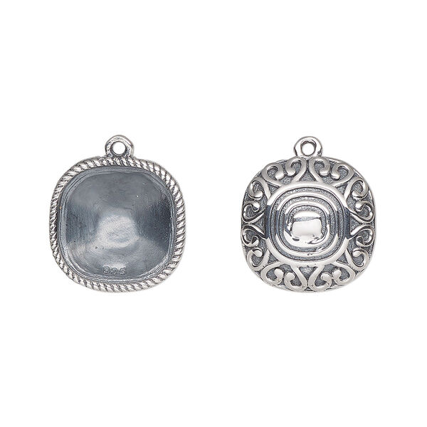 Drop, Almost Instant Jewelry®, antiqued sterling silver, 14mm rounded square with 12mm cushion setting and decorative back with rope rim. Sold individually. image number 0