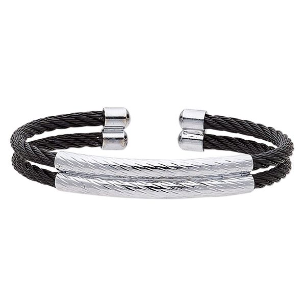 Bracelet, cuff, black- and silver-plated stainless steel, 10mm wide 2-row cable band, adjustable from 7-8 inches. Sold individually. image number 0