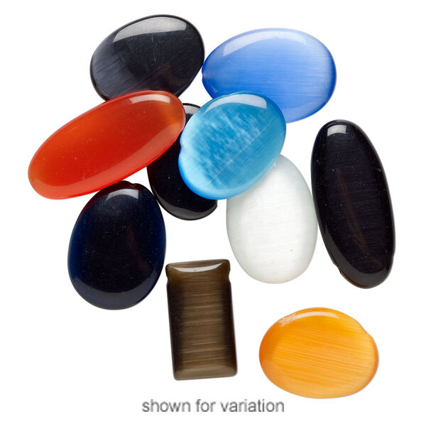 Focal mix, cat's eye glass (fiber optic glass), mixed colors, 30x23mm-46x44mm mixed shape. Sold per pkg of 10. image number 2