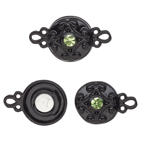 Clasp, magnetic, black-finished "pewter" (zinc-based alloy) and glass, green, 12mm double-sided round. Sold per pkg of 2. image number 0