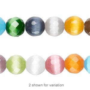 Bead mix, cat's eye glass (fiber optic glass), multicolored, 10mm faceted round. Sold per 15-1/2" to 16" strand.