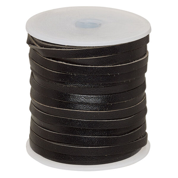 Cord, leather, black, 4mm flat. Sold per 25-yard spool. image number 0