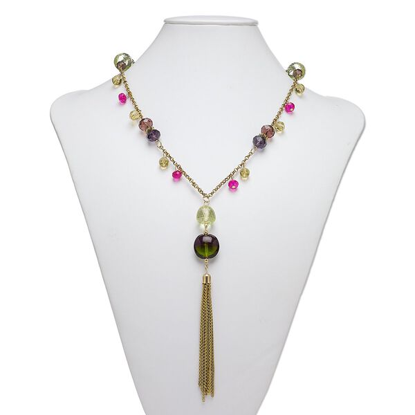 Necklace, glass / gold-coated plastic / gold-finished steel, multicolored, 6-inch dangle, 38 inches with 3-inch extender chain and lobster claw clasp. Sold individually. image number 0