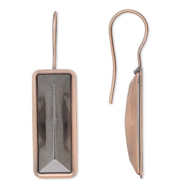 Ear wire, Almost Instant Jewelry®, antique copper-plated brass, 40x13mm fishhook with 24x8mm rectangle setting, 20 gauge. Sold per pkg of 2 pairs. image number 0