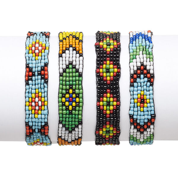 Bracelet mix, wood (dyed) / cotton / glass, multicolored, 12mm wide, adjustable from 6-9 inches with tie closure. Sold per pkg of 4. image number 0