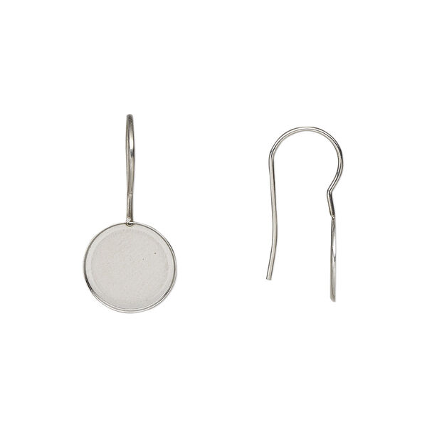 Ear wire, Almost Instant Jewelry®, stainless steel, 23mm fishhook with 10mm round glue-in setting, 21 gauge. Sold per pkg of 2 pairs. image number 0