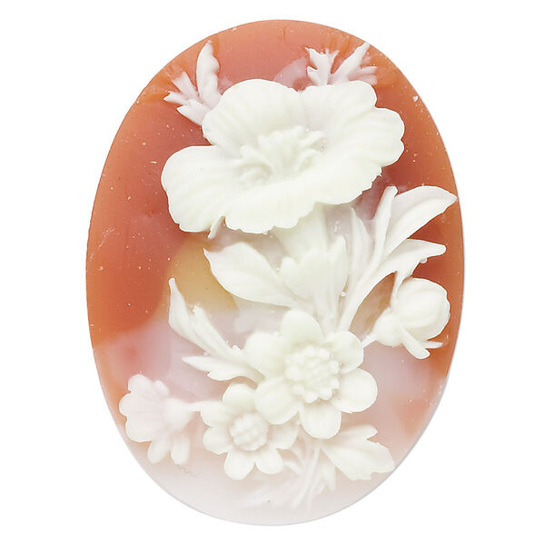 Cabochon, acrylic, peach and white, 40x30mm left-facing non-calibrated oval cameo with flower. Sold individually. image number 0
