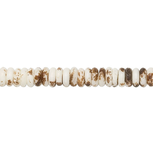 Bead, bone, white and beige, 5x2mm hand-painted rondelle, Mohs hardness 2-1/2. Sold per 15-1/2" to 16" strand. image number 0