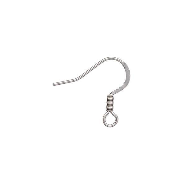Ear wire, stainless steel, pkg/50 pairs, 16.5mm fishhook flat with 3.5mm coil and open loop, 22 gauge. image number 0