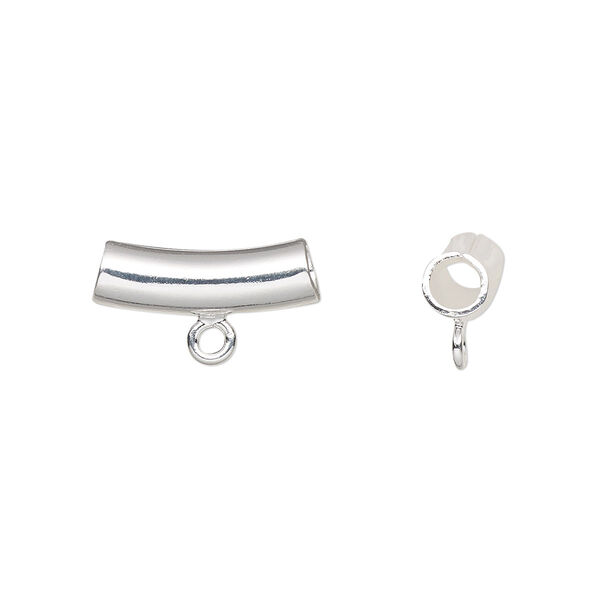 Bead, silver-plated brass, 14x5mm curved tube with loop. Sold per pkg of 10. image number 0
