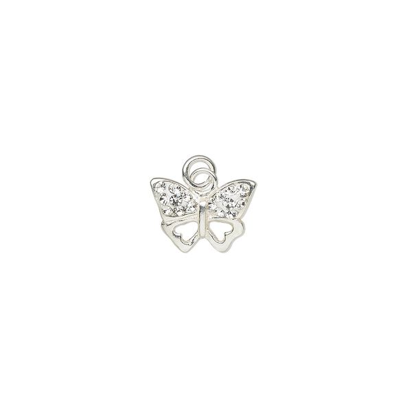 Charm, crystal / sterling silver / epoxy, clear and white, 10x7mm single-sided butterfly with 3mm closed jump ring. Sold individually. image number 0