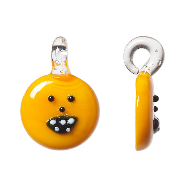Drop, lampworked glass, orange / black / white, 19mm round jack-o-lantern. Sold individually. image number 0