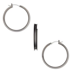 Earring hoop 1pkg2 "pewter" (zinc-based alloy), 48mm round / 4mm wide channel, gunmetal-finished / steel 1 pair