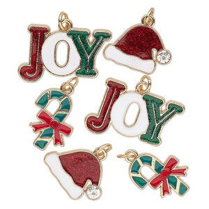 Charm assortment, gold-finished "pewter" (zinc-based alloy) and enamel, multicolored, Christmas shapes with glitter. Sold per pkg of 6.