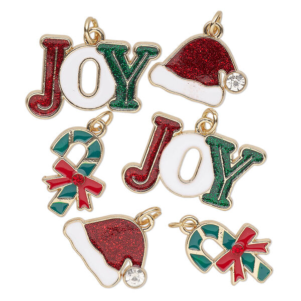 Charm assortment, gold-finished "pewter" (zinc-based alloy) and enamel, multicolored, Christmas shapes with glitter. Sold per pkg of 6. image number 0