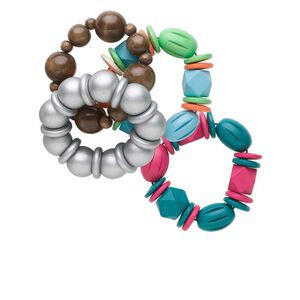 Bracelet, stretch, wood (natural / dyed), multicolored, assorted size and shape, 7 inches. Sold per pkg of 10.